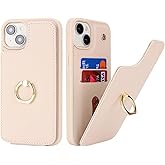 Lipvina for iPhone 14 Pro Case with Card Holder,Credit Card Holder,Ring Stand Kickstand,Flip Shockproof Phone Wallet Case for Women Men (6.1 inch,Beige)
