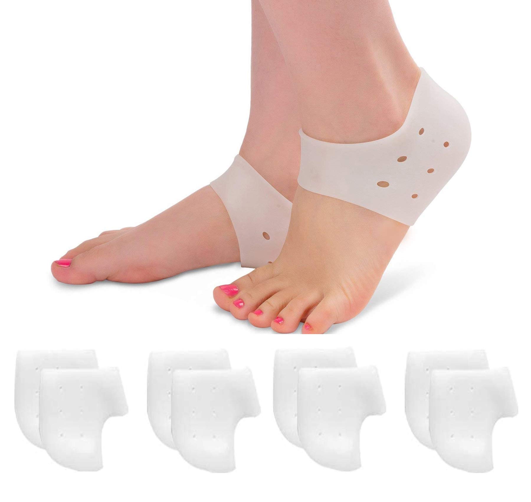 4 Pairs Heel Cups for Heel Pain, Plantar Fasciitis Inserts, Silicone Heel Protectors for Men & Women, Moisturizing Socks for Dry Cracked Heels (White)