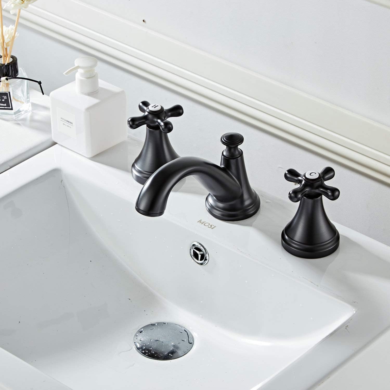 Rubinetto Lavabo Bagno Nero Opaco QFN – 3 Fori A Larga Diffusione, Quadrato, Con Scarico Pop-up In Metallo E Tubi PEX - 4