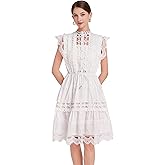 LAI MENG FIVE CATS Women's Summer Solid Button up Sleeveless Hollow Out Ruffles A-line Mini Dress