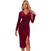 Allegra K Velvet Dress for Women's Long Sleeves V Neck Wrap Ruched Split Cocktail Evening Dresses