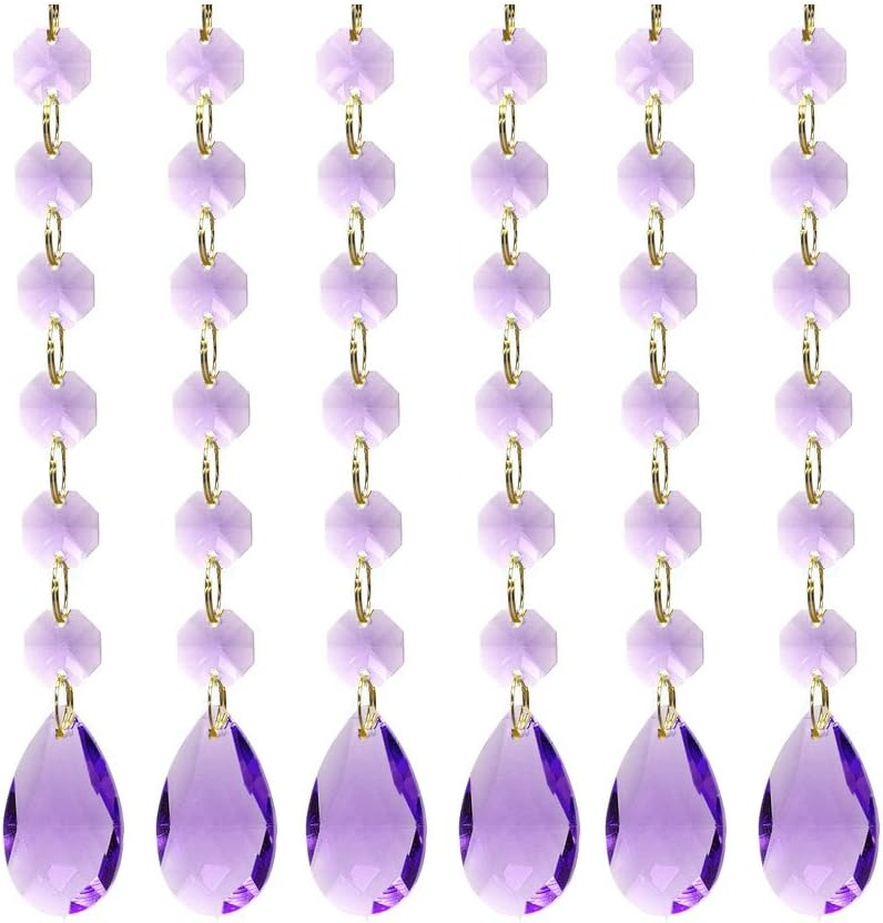 Poproo Teardrop Pendants Octagon Crystal Glass Beads Pendant for Chandelier Lamp Curtain Decor, 6-Pack (Purple)