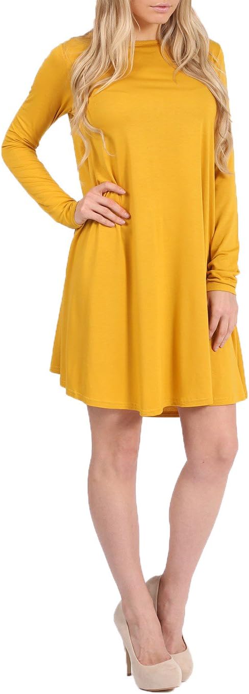 Envious Fashion New Plain jersy Long Sleeve Swing Dress (ML, Mustard)