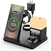Wireless Charger for Samsung/Android Charging Station, 6 in 1 Fast Watch Charger with Alarm Clock-Night Light, Compatible for Galaxy S25 Ultra/S24, Only for Samsung Watch8/7, Galaxy Buds3 Pro(Black)