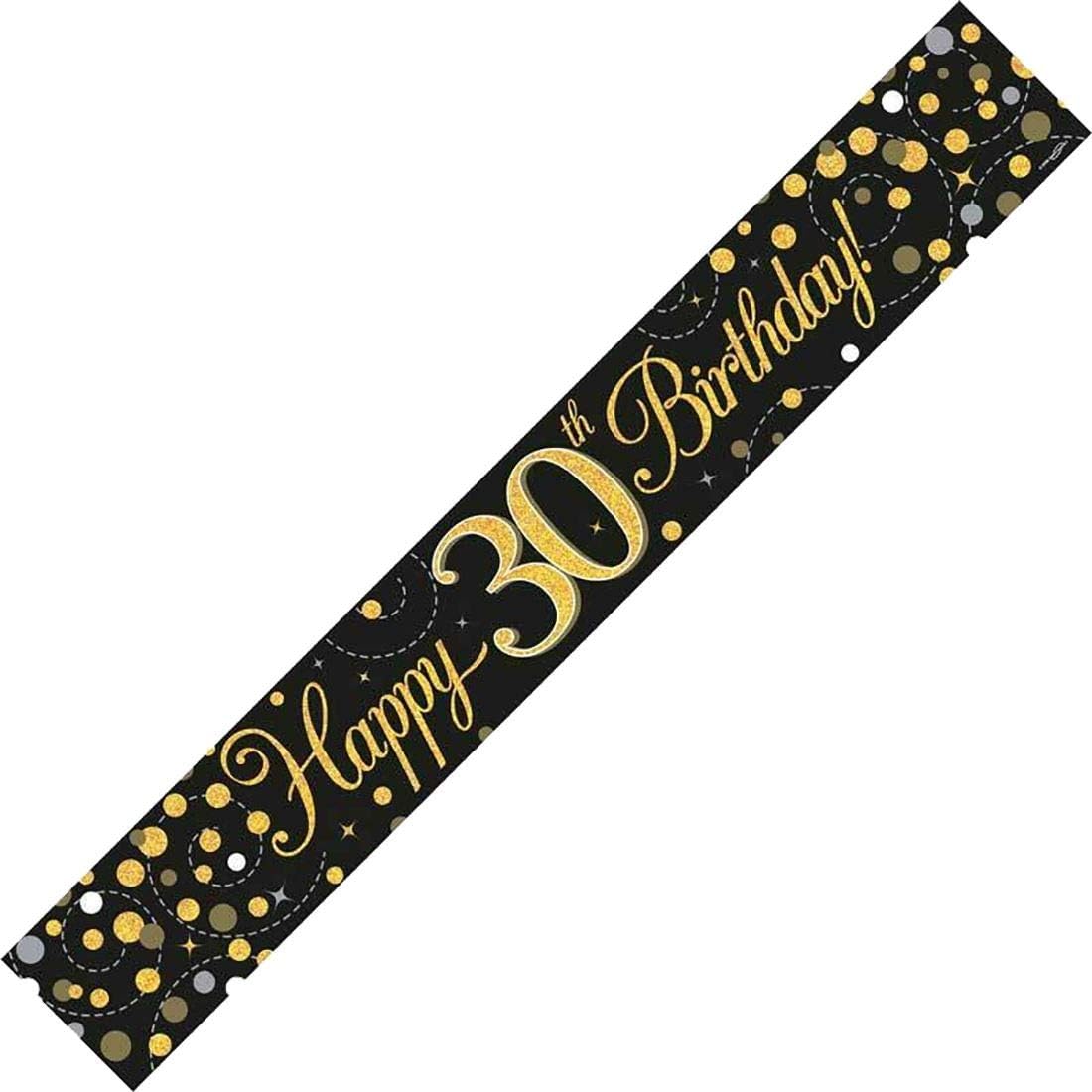 Islander Fashions Holographic Sparkling Happy Birthday Bunting Birthday Party Decorations Banners 30th Birthday Black & Gold Banner One Size (2.7m)