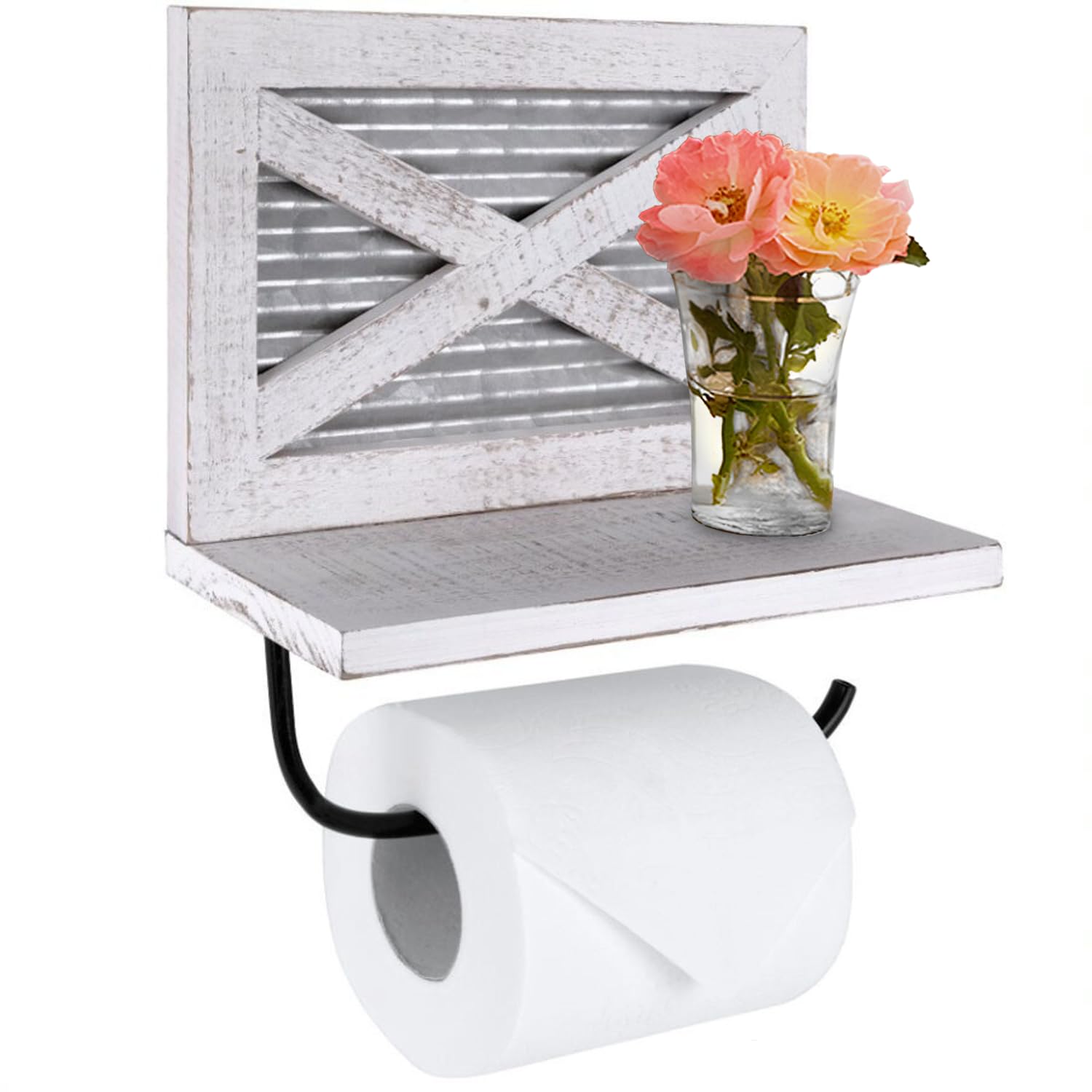 Autumn Alley White Farmhouse Toilet Paper Holder with Shelf for Wipes - Wooden Farmhouse Bathroom Decor - Shabby Chic Bathroom Accessories and Western Bathroom Decor Wall Mounted, White Wood