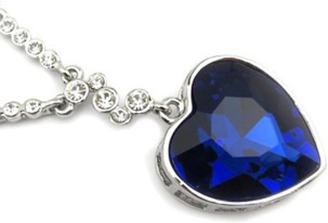 Isijie Jewelry Blue Sapphire Heart of The Ocean Titanic Pendant Necklace for Women & Girls,Silver Plated & Crystal & Zircon,15.7+2” Chain