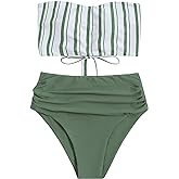 SweatyRocks Women's Bathing Suits Striped Bandeau Bikini high Waisted Swimsuits Swimwear Set
