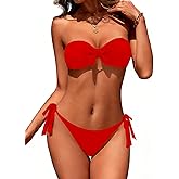 Zuvebamyo Women Bandeau Bikini Set Bowknot Strapless Cheeky Bathing Suits Tie Side Two Piece Swimsuit