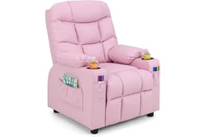 Costzon Kids Recliner Chair with Cup Holder, Adjustable Lounge Chair w/Footrest & Side Pockets for Children Boys Girls Room, Ergonomic Toddler Furniture Sofa, Kids Pink Recliner (Pink)