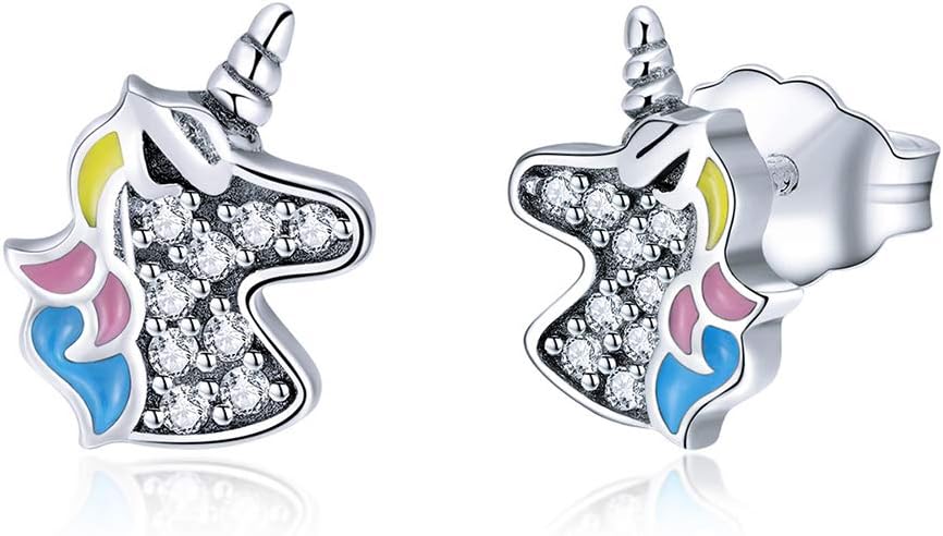 Sterling Silver Unicorn Stud Earrings for Women Girls, CZ Jewelry, Hypoallergenic Earrings, Unicorn Birthday Party Gifts