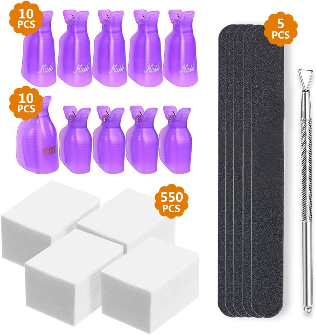 FITDON Nail Polish Remover Clips Soak Off Caps Set for Toe and Finger & Stainless Steel Triangle Cuticle Pusher Peeler Scraper & 550PCS Lint Free Nail Wipe Cotton Pads & 5PCS Nail Files Buffer