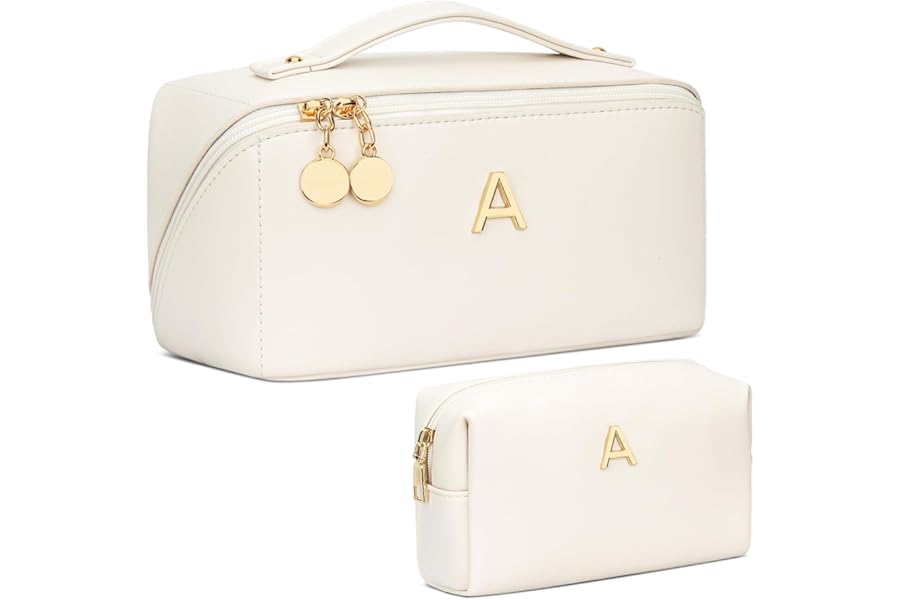 CLOUDWINGS Birthday Gifts for Women Teen Girl, Personalized Initial Makeup Organizer Bag Set, Open Flat Travel Cosmetic Bag With Clear Divider and Handle(Beige,A)