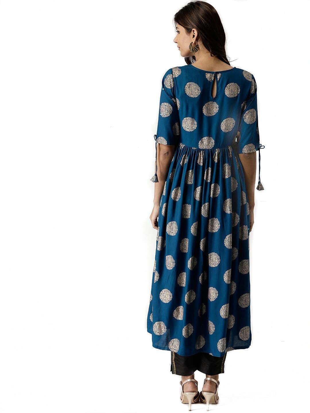 anjushree choice women stitched gold printed dark sky blue cotton anarkali kurti kurta