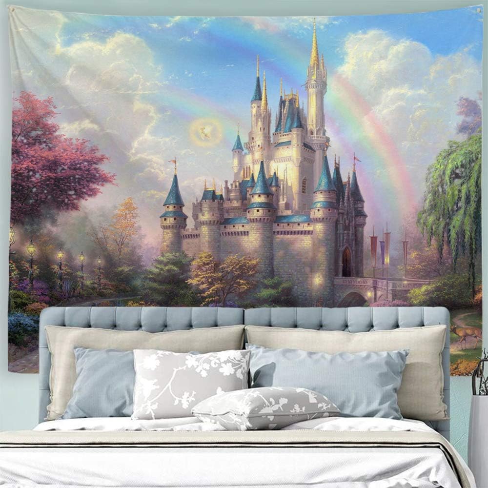 Baccessor Princess Castle Tapestry Fantasy Castle Colorful Rainbow Wall Tapestry Trees Lake White Swan Fairy World Tapestry for Girls Bedroom Aesthetic 90 x 71 Inch