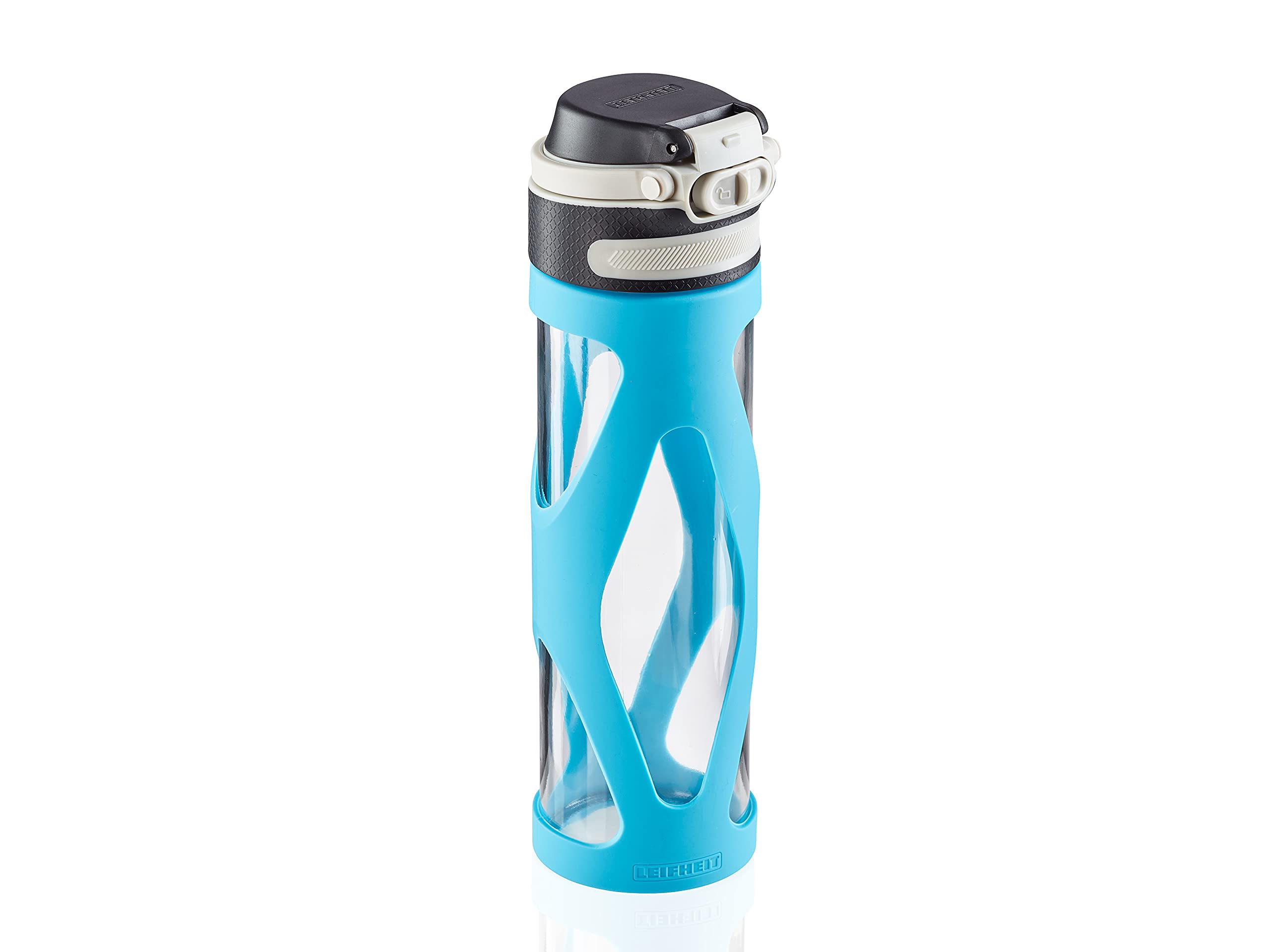 Leifheit Flip Glass Bottle 600 ml, 100% Leak-Proof Sports Bottle, One-Hand Opening, Fruit Infuser, BPA-Free, Shockproof, Sky Blue