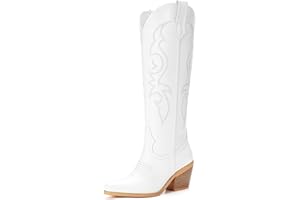 Platikly White Cowboy Boots for Women - Wide Calf Rhinestone Cowgirl Boots, Women Knee High Western Boots, Glitter Sparkly Ladies Tall Boots with Classic Embroidery and Side Zipper, Retro Classic Country Boots Pull On for Ladies