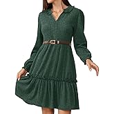Jayscreate Women's Knit Ruffle Layered Dress Pocket 2025 High-Waisted Spring Fall V Neck Long Sleeve Business Work Dress