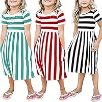 Lurryly Toddler Baby Girls Striped Dress Party Beachwear Dresses Outfits Sundress 6-9T (Size:6T, Label Size:S, Green)