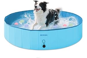 BECROWM Foldable Dog Pool,Outdoor Pools with 6 Silicone Balls,Portable Dog Pools for Large Dogs,Hard Plastic Pool for Dogs Swimming in Summer (Blue, Medium-48" x 12")