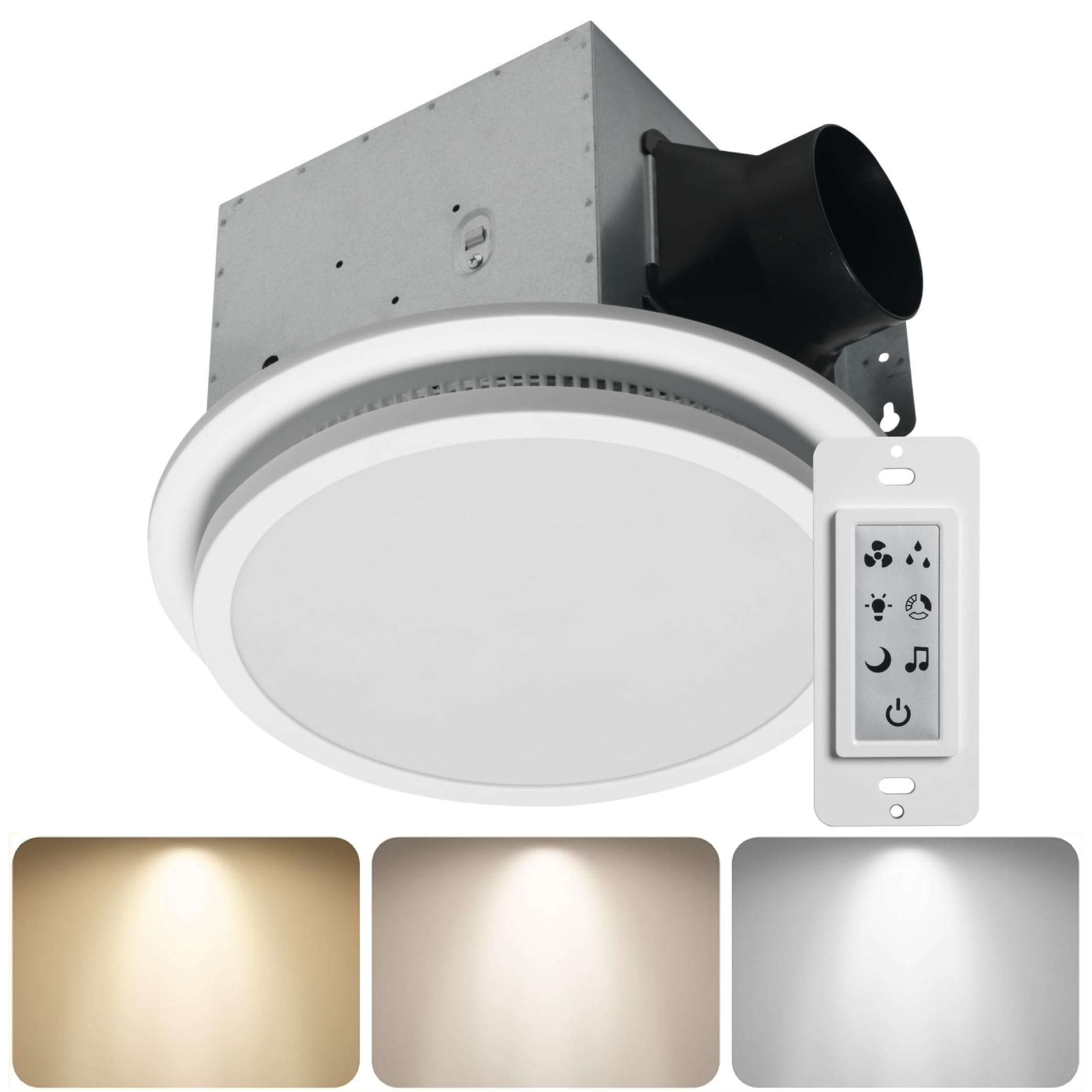 Homewerks 7130-20-BT Humidity Sensor Bathroom Fan with Color Changing LED Light and Bluetooth Speaker 110 CFM 1.5 Sones 3 Temperatures 3000K 4000K 5000K 1000 Lumens With Wall Switch