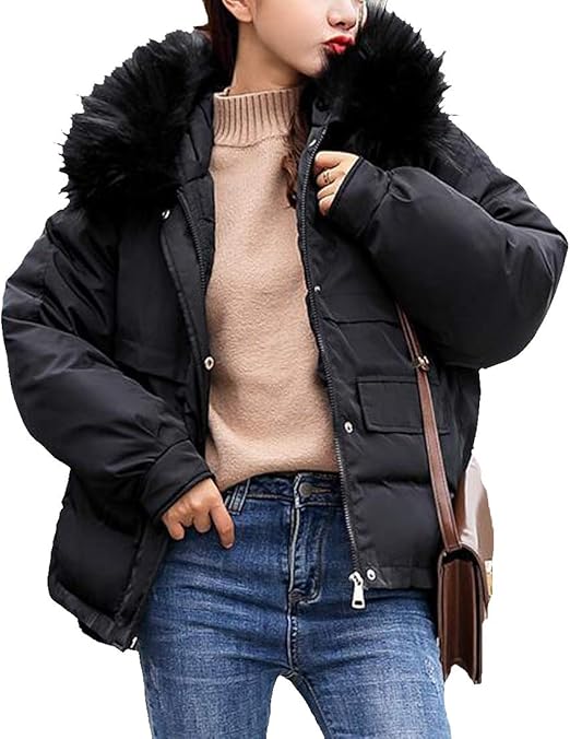 Cromoncent レディース 冬用 ダブルスリット フェイクファー フード付き ショートパーカー ダウンジャケット Us サイズ Xx Large カラー ブラック コート ジャケット 通販 Amazon