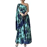 GORGLITTER Women's Floral Prom Cape Dress One Shoulder Wedding Guest Evening Cocktail Formal Long Bridesmaid Maxi Dress