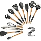 11 Pcs Silicone Kitchen Utensil Set, NAYAHOSE Nonstick Cooking Utensils with Holder & Wooden Handle, Heat Resistant Kitchen T