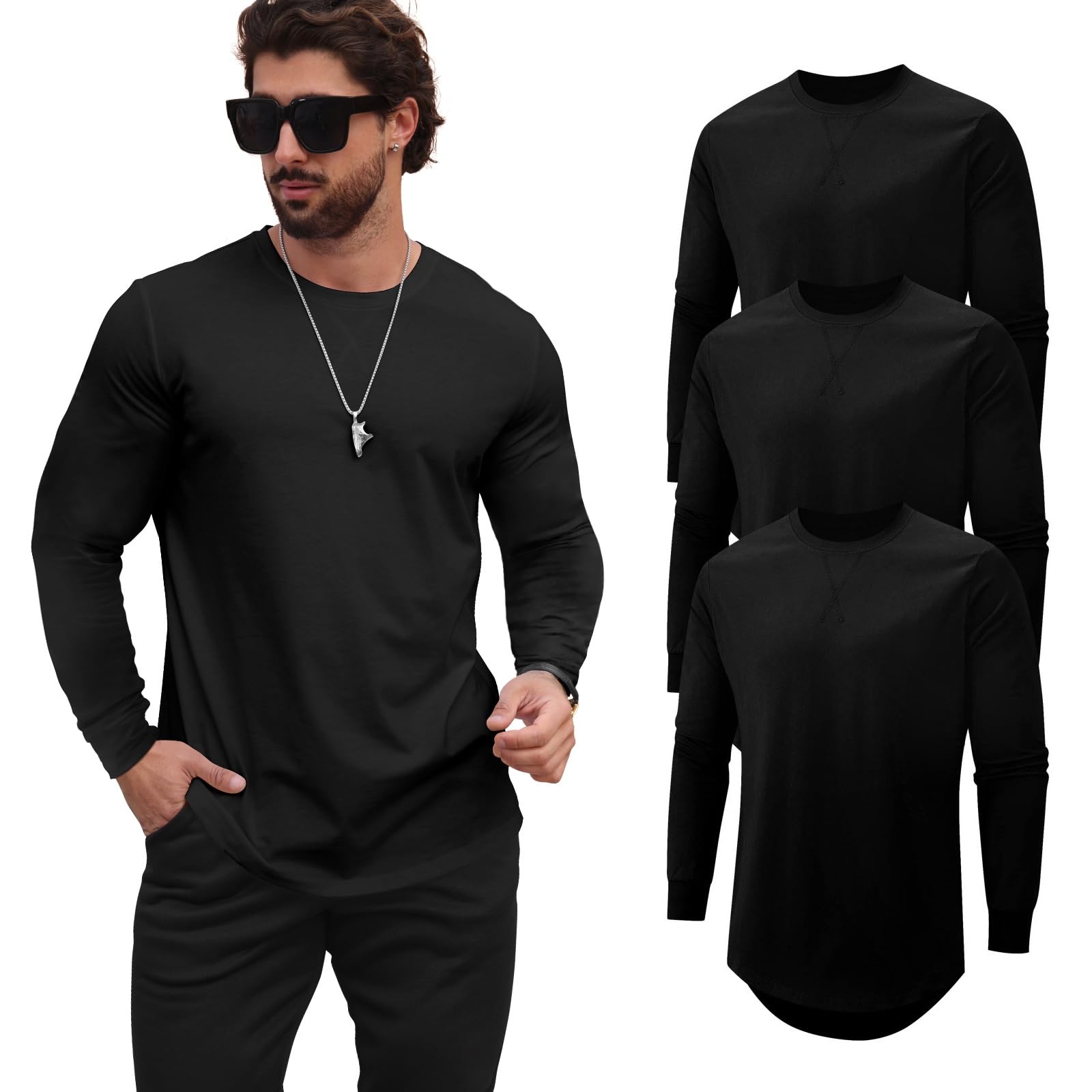 Mancozy 3 Pack Big Tall Men's Fitted Crew Neck Plain Essential Tees Long Sleeve T-Shirts for Men Oversize 4X-Large Black/Black Image