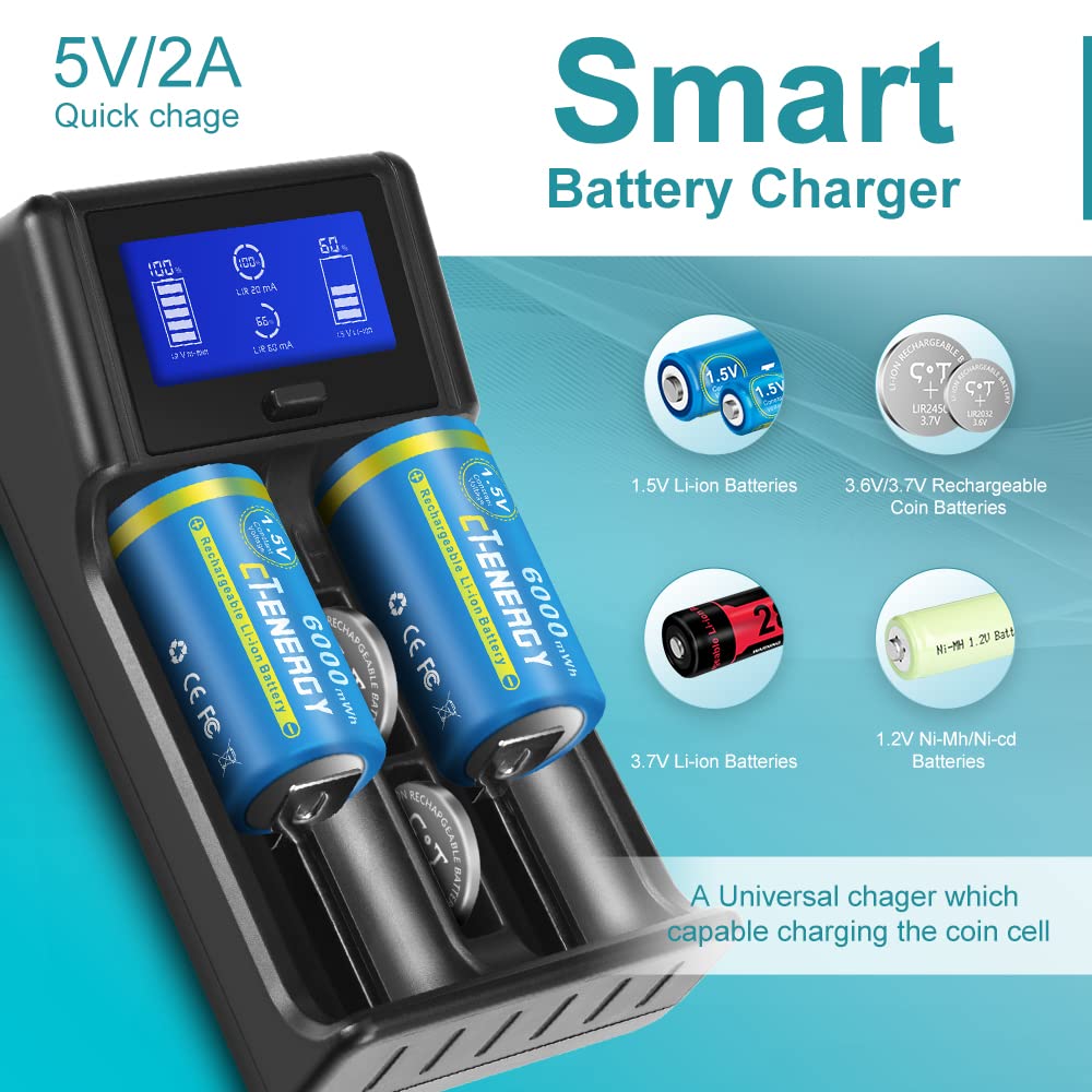Universal Battery Charger Smart Charging All Types of Lithium Ion Batteries Flashlight Battery 18500 18350 16650 17500 10440 AA AAA C /1.5V/1.2V Coin Cell (Batteries Not Included)