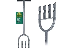 HERMSCHE Lawn Aerator Coring Tool Manual Plug Core Aerators Lawn Aeration with Slope Top 4 Half-Open Slot Hollow Tines Heavy Duty Plug Core Aerator Lawn Tool for Soils Yard Garden Grey