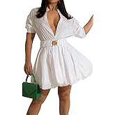 ENOPINK Womens Summer Dress 2025 Sexy Deep V Neck Puff Sleeve Mini Birthday Dress White M