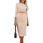 PRETTYGARDEN Women's Long Sleeve Midi Bodycon Dresses Casual Crewneck Cut Out Ribbed Knit Fitted Pencil Dress