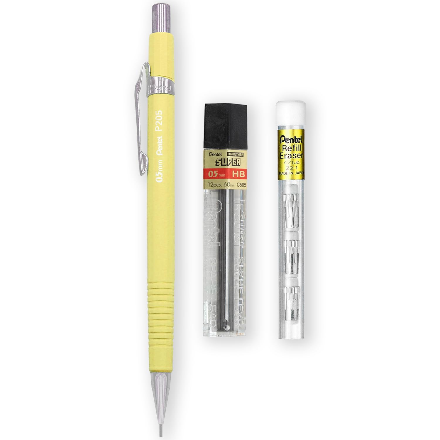 Pentel P205-97C Mechanical Automatic Pencil - Pastel Floral Range - Single + 12 Hi-Polymer HB 0.5mm Refill Leads + Z2-1N Eraser Refills Tube of 4 (Pastel Yellow)