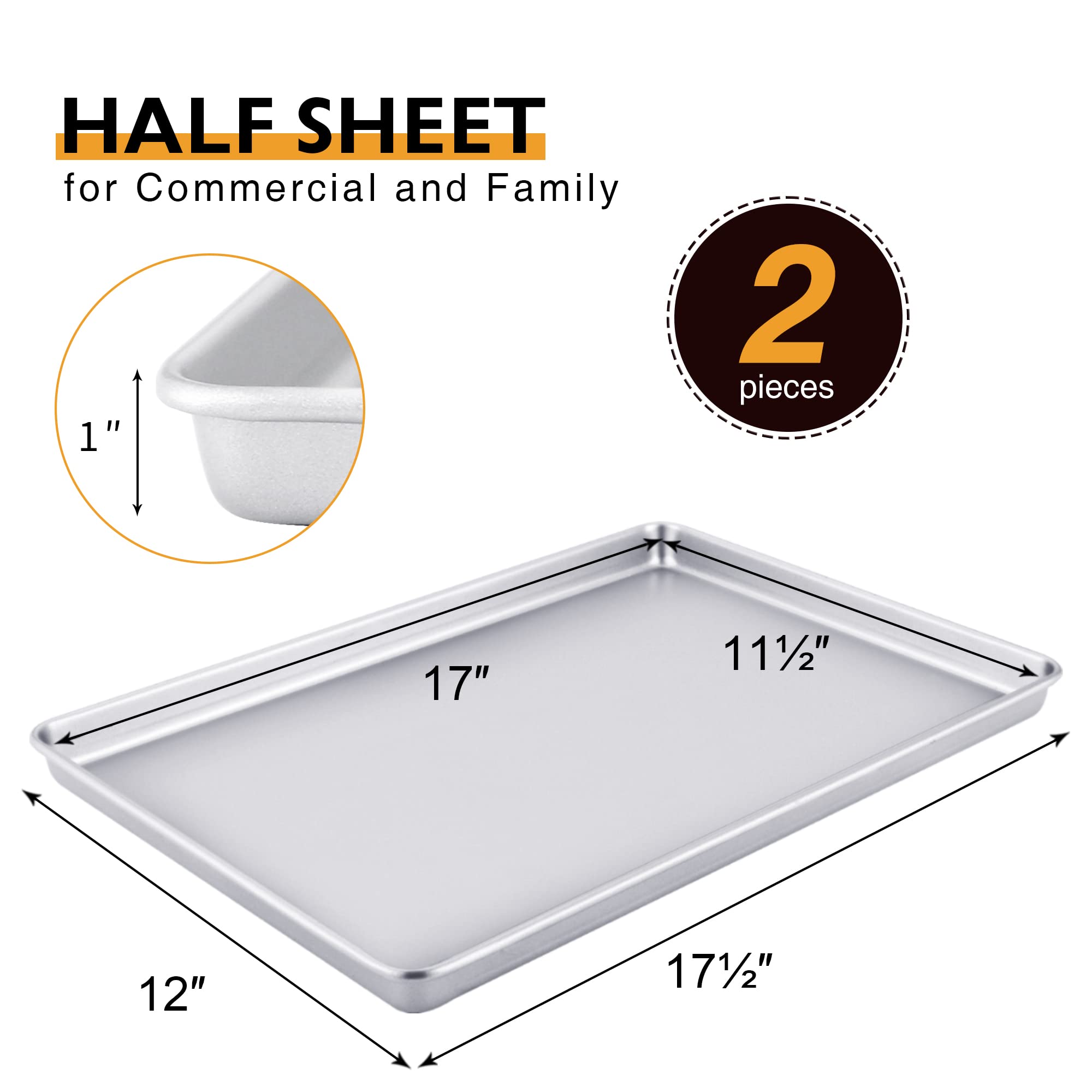 HONGBAKE Half Baking Sheet Pan Set of 2, Nonstick Cookie Sheet for Oven, Heavy Duty 1/2 Commercial Cookie Trays, Dishwasher Safe - Silver