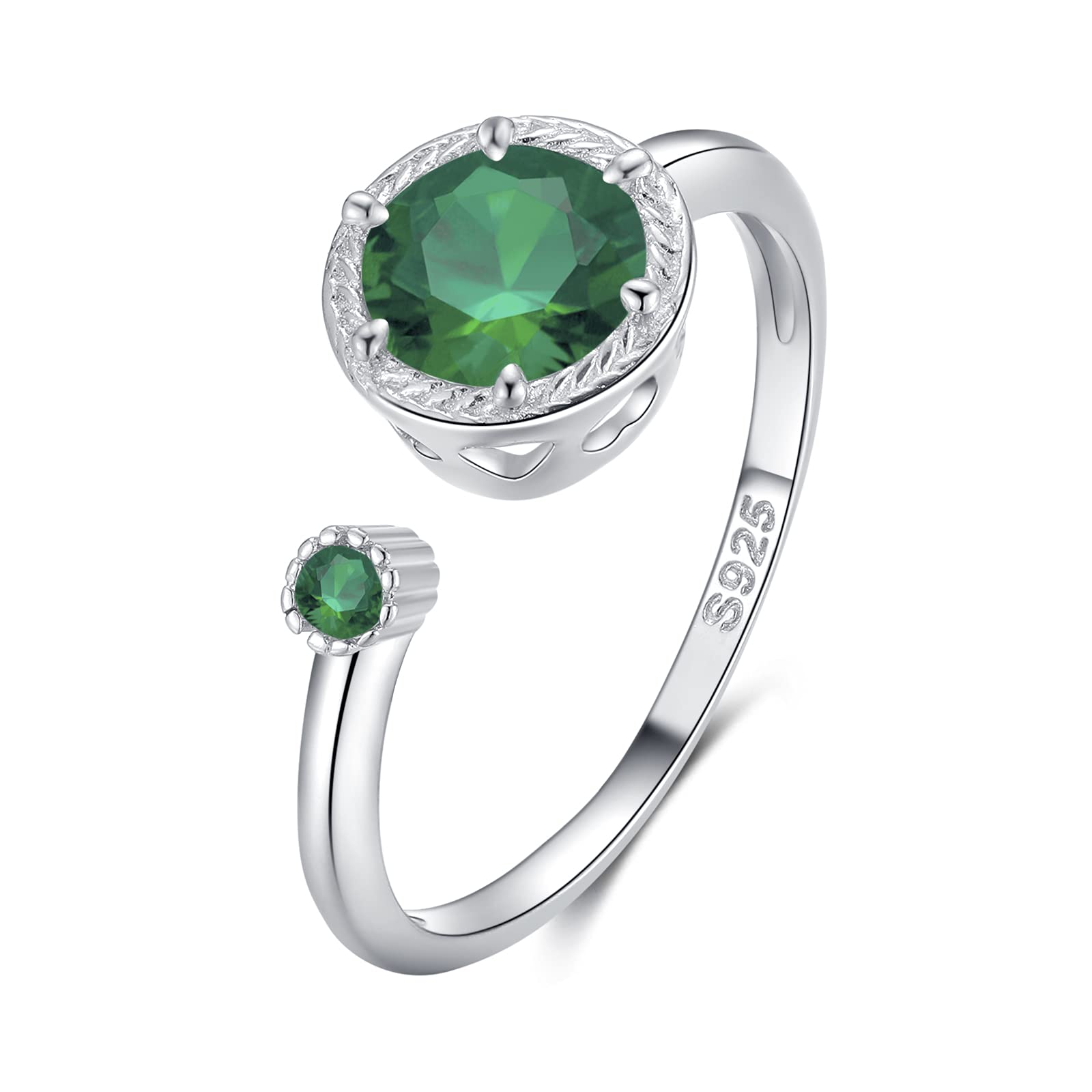 Qings May Birthstone Ring Adjustable Dainty Diopside Open Ring Sterling Silver