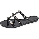 OMGard Women Flats Sandals, Studded Jelly Shoes Size 9 Red Dressy Summer Beach Rivets Strappy Jellies Slide Slip On Open Toes