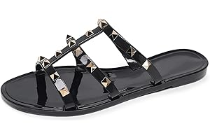 OMGard Women Flats Sandals, Studded Jelly Shoes Size 9 Red Dressy Summer Beach Rivets Strappy Jellies Slide Slip On Open Toes