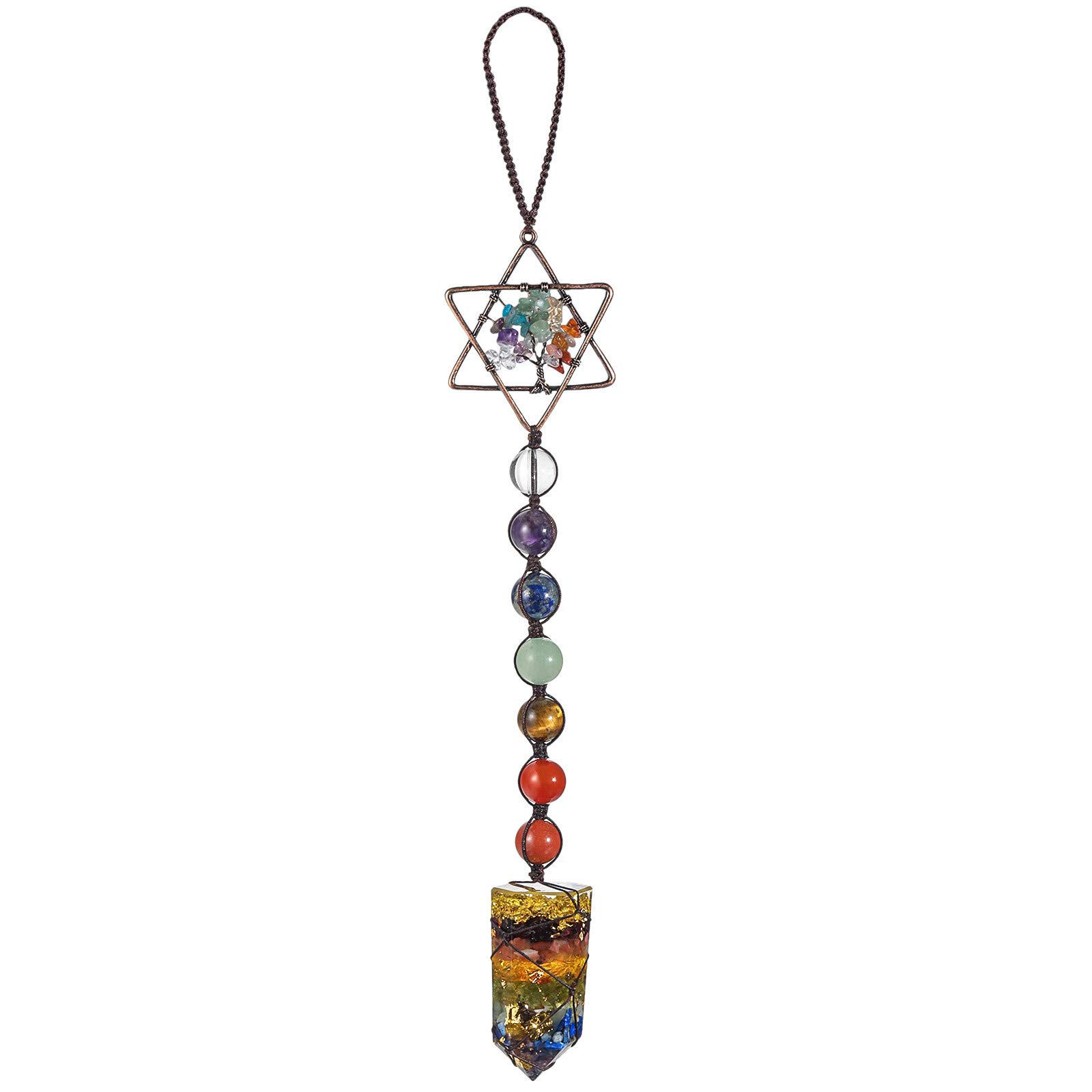 mookaitedecor Hexagram Tree of Life Hanging Ornament, 7 Chakra Healing Stones with Chakra Crystal Wand for Home Car Decoration, Total Length 11"/28cm