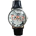 Unisex Scholar Cat Pattern Leather Band Analog Quartz Dial Wrist Watch (Blue)
