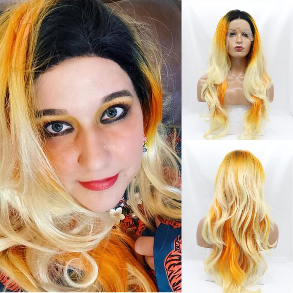 AFBeauty Orange Blonde Lace Front Wig Long Wavy Black Ombre Orange Blonde Lace Wigs Synthetic Multi-color Wig Heat Resistant Fiber Makeup Wigs for Women 24 Inch — image 1