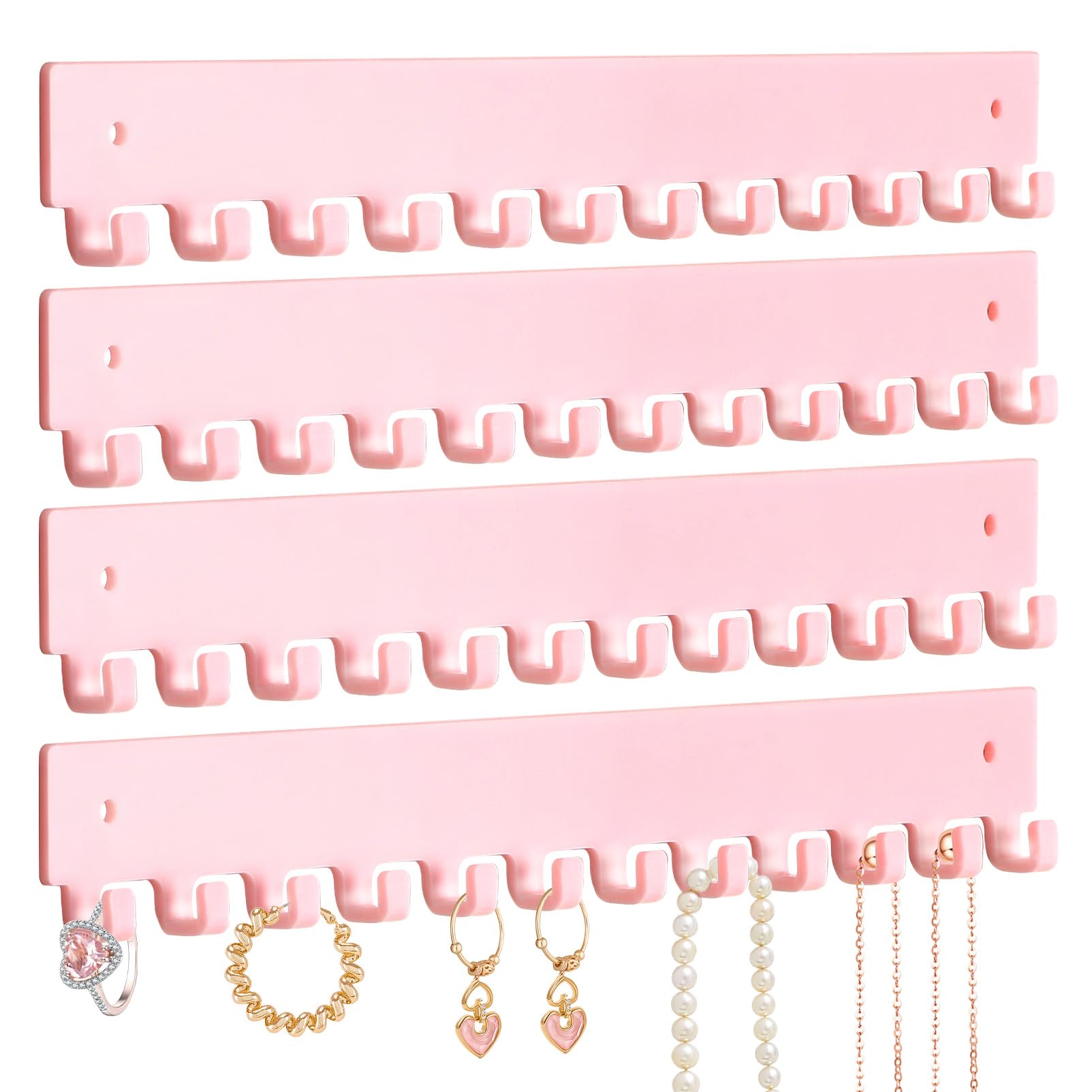 milylove Acrylic Necklace Holder 4 Pack Wall Mounted Necklace Organizer Hanging Jewelry Organizer with 12 Hooks for Necklaces, Bracelets, Rings and Bangles Display Pink