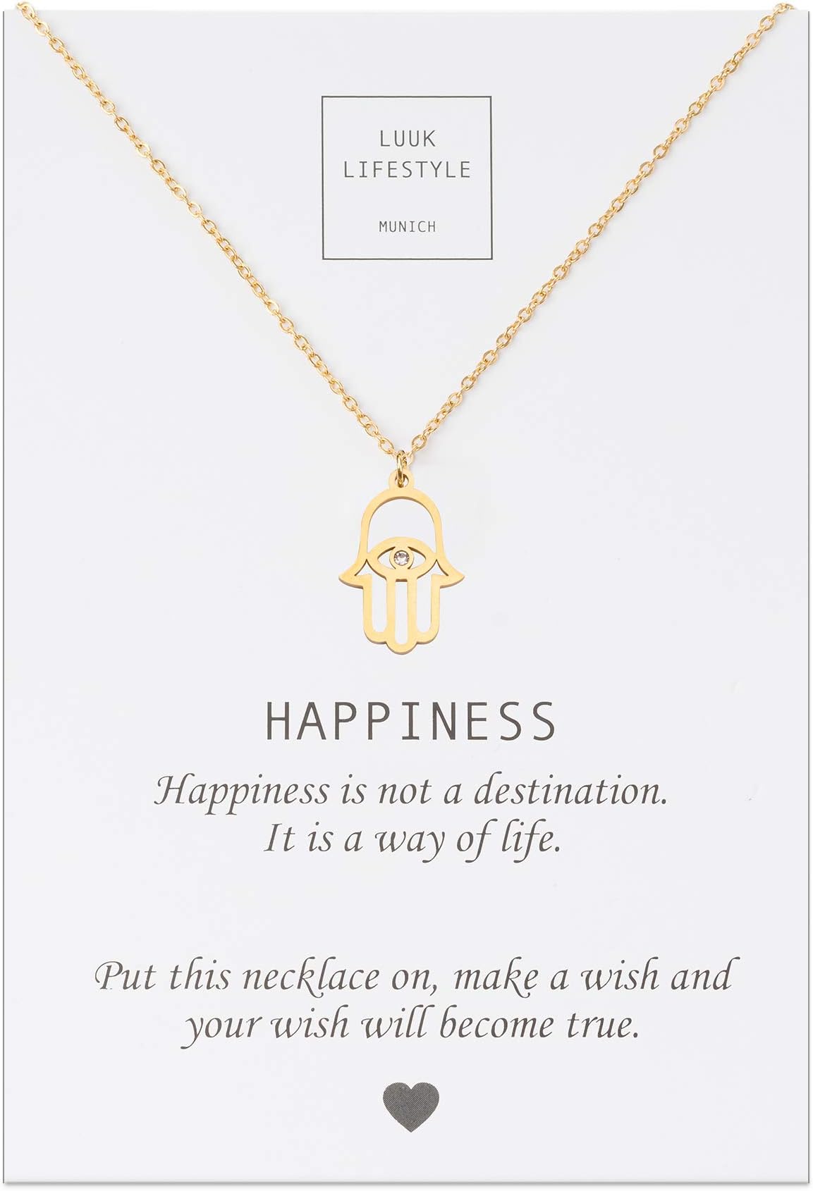 Stainless steel necklace with different pendants and card with Happiness saying, lucky charm, friendship gift, women's jewellery, silver, gold, rosè