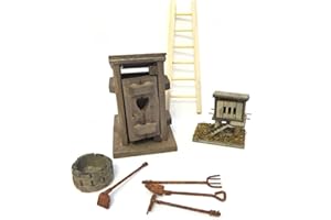 ASSEMBLED BY PABU GULI Miniature Garden Farm Accessory Set - DIY Kit for Fairy Garden Includes Wood Ladder, Outhouse, Chicken Coop, Wash Tub and 4 Piece Rusty Garden Tool Set