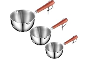 3PCS Mini Sauce Pan 180/300/500ml Small Stainless Steel Pot with Wooden Handle Milk Warmer Pot with Pour Spout & Hanging Rope