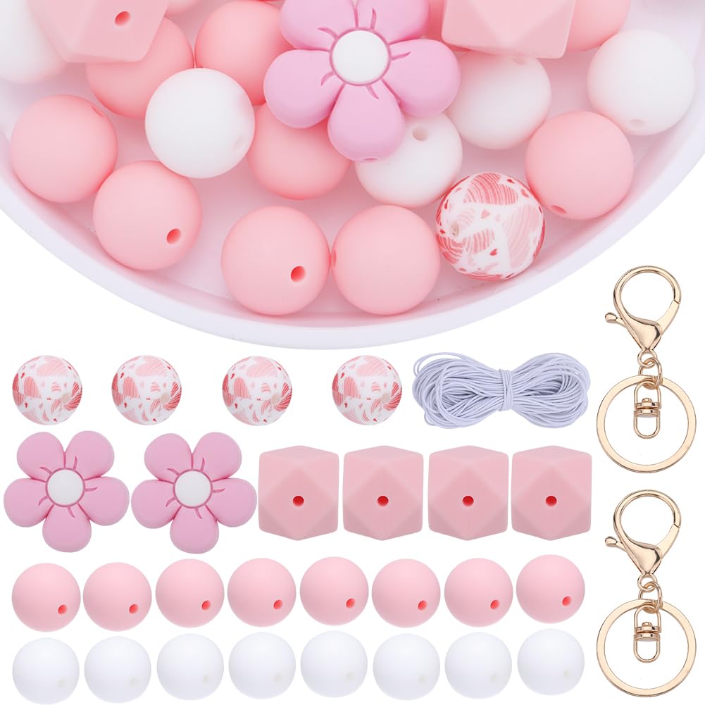 SUNNYCLUE Silicone Bead Keychain Making Kit - Flower & Pink Beads, DIY Adults Supplies