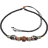 Ancient Tribe Boho Tribal Choker Necklace with Wooden & Engraved Beads, Braided Leather Cord, Adjustable 15 Inches