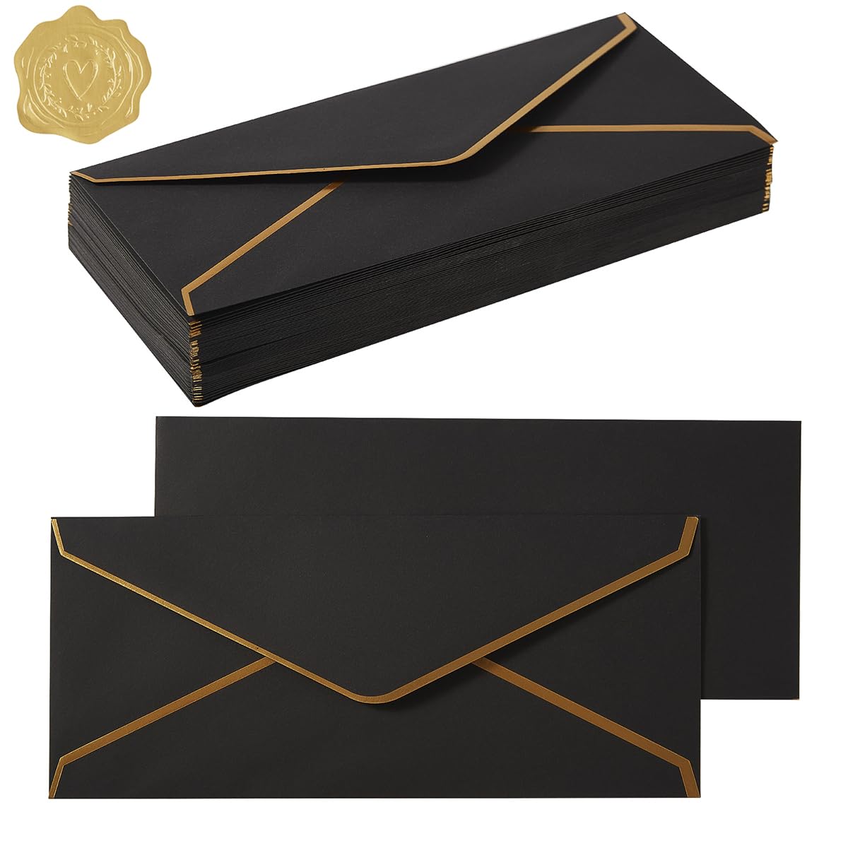 Photo 1 of 100 Pack #10 Business Envelopes with Gold Border, Self Seal Standard Envelopes with Gold Stickers for Office, Checks, Letter Mailing, Invoices, 4 1/8 x 9 1/2 Inches (Black)
