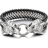 COOLSTEELANDBEYOND Mens Steel Franco Link Chain Interwoven Black Leather Bracelet Double Wolf Heads Spring Ring Clasp