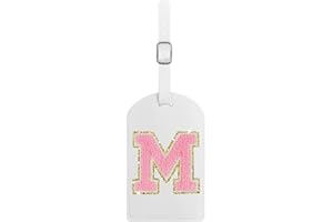 Fodofodo Initial Luggage Tag,Letter Luggage Tag,PU Leather Luggage Tags for Travel Bag Suitcases,Privacy Cover ID Label and Address Card（M,White Leather+Pink Letter）